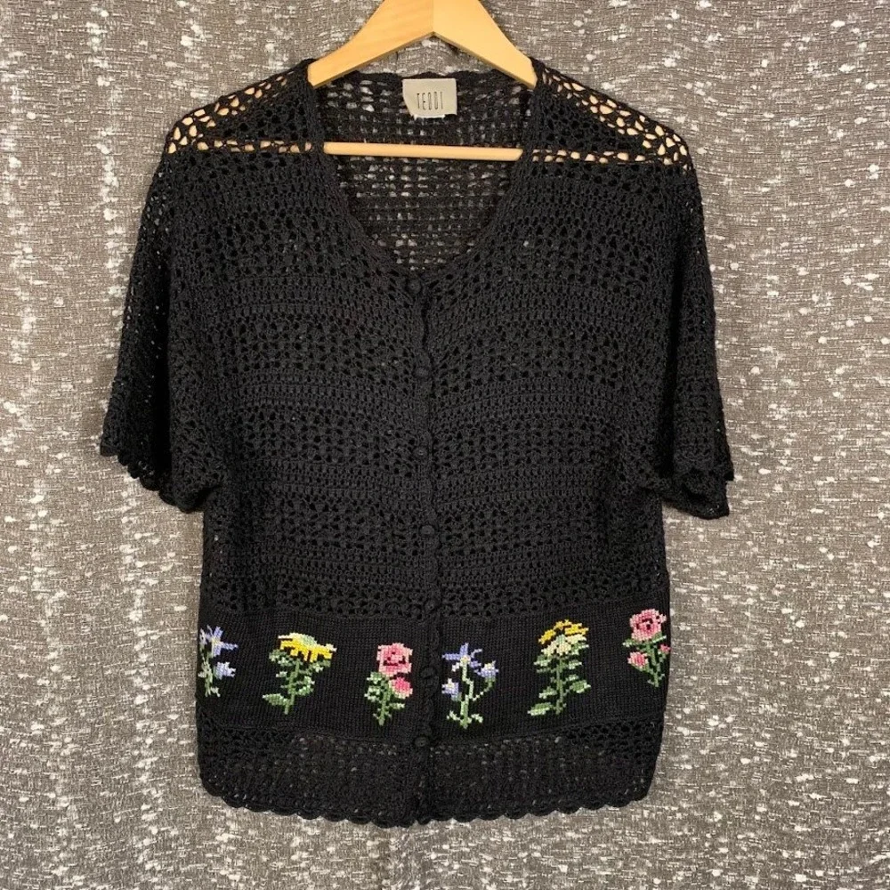 Teddi Vintage Black Crochet Knit Floral Embroidered Short Sleeve Cardigan Top